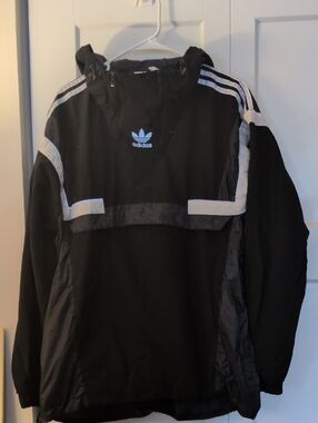 adidas Black Windbreaker Jacket with White Stripe Accents